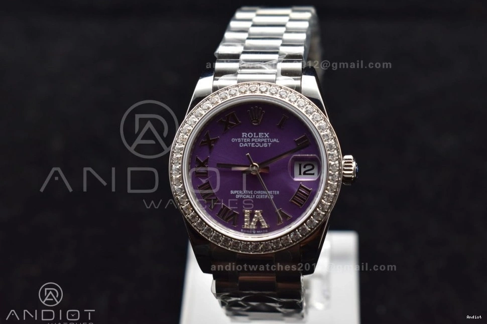 Style DateJust Markers BPF Dial on Bracelet Compact 31 278289 Purple President Ladies Steel 552 Bezel Roman 316L Diamonds 0811